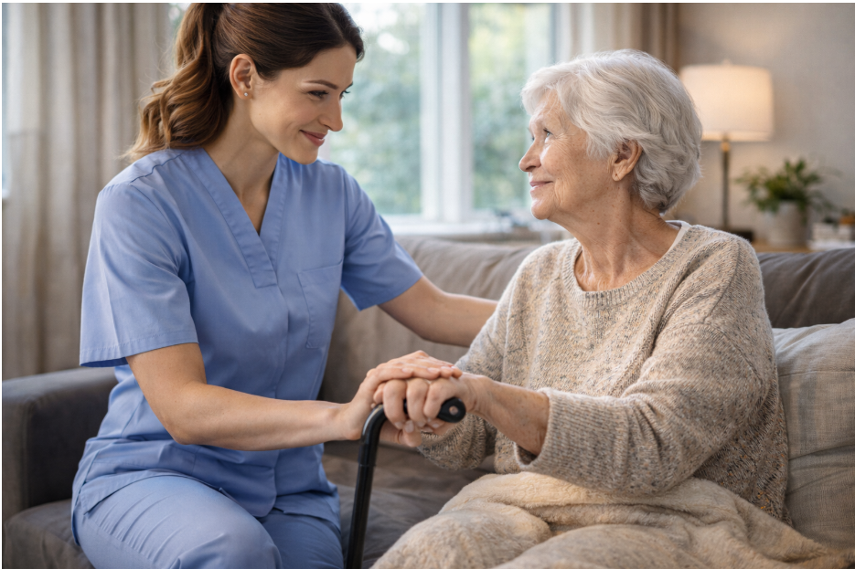 A compassionate direct care worker providing home-based support to an elderly patient in 2026.
