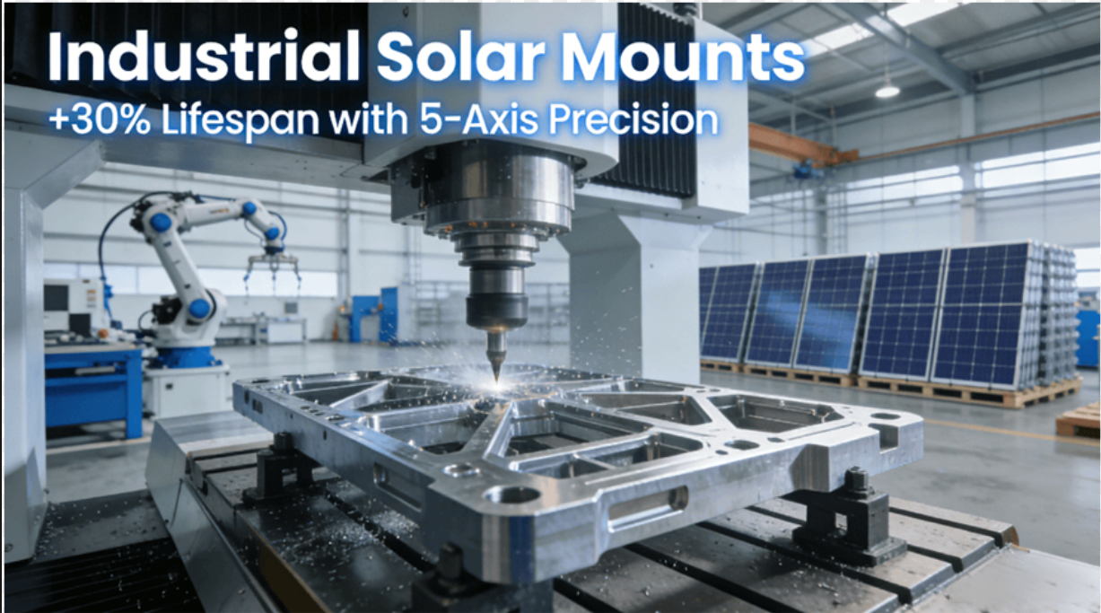 A 5-axis CNC machine machining a complex structural component for a solar tracking system in a modern, clean factory, showcasing precision manufacturing for renewable energy infrastructure.